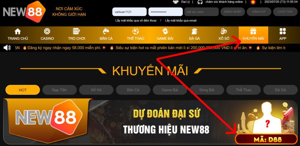 Chọn mục Khuyến mãi và chọn chương trình với mã code D88 Chọn mục Khuyến mãi và chọn chương trình với mã code D88